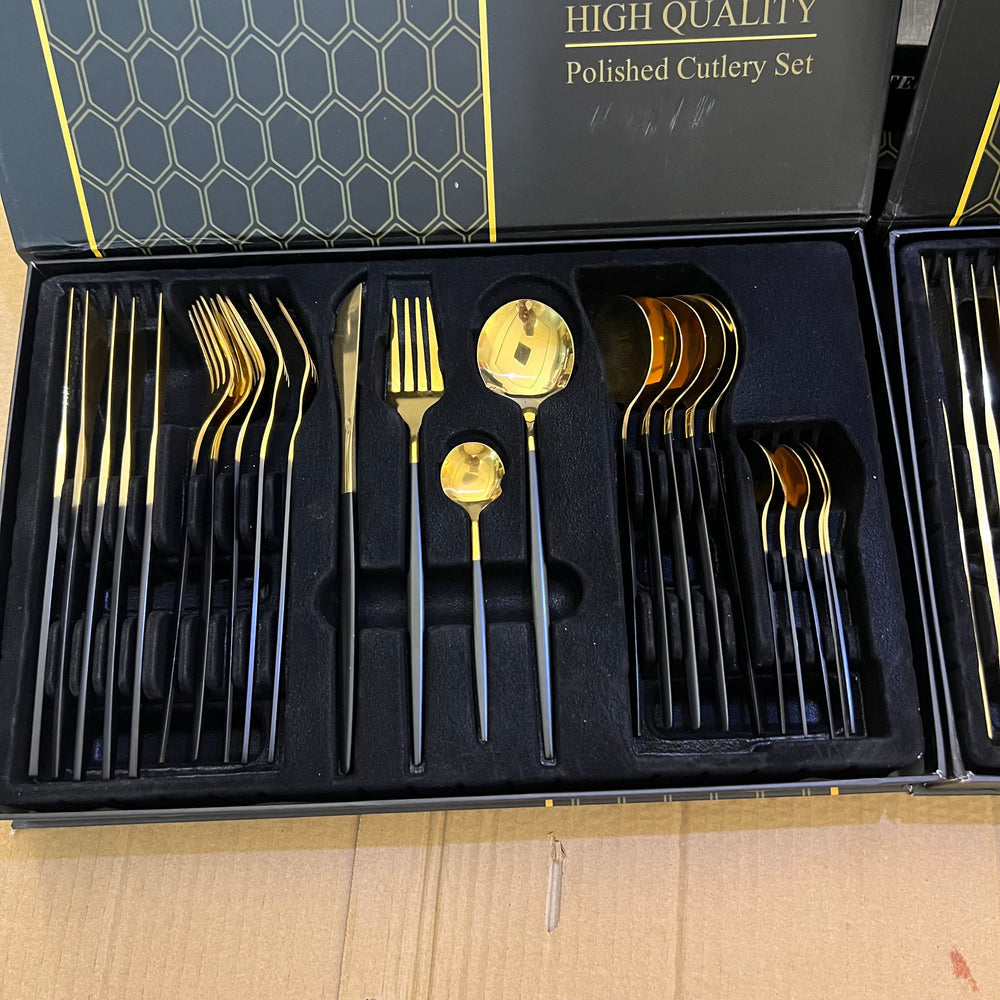 Lot Imported 24 Piece Golden & Black Cutlery set